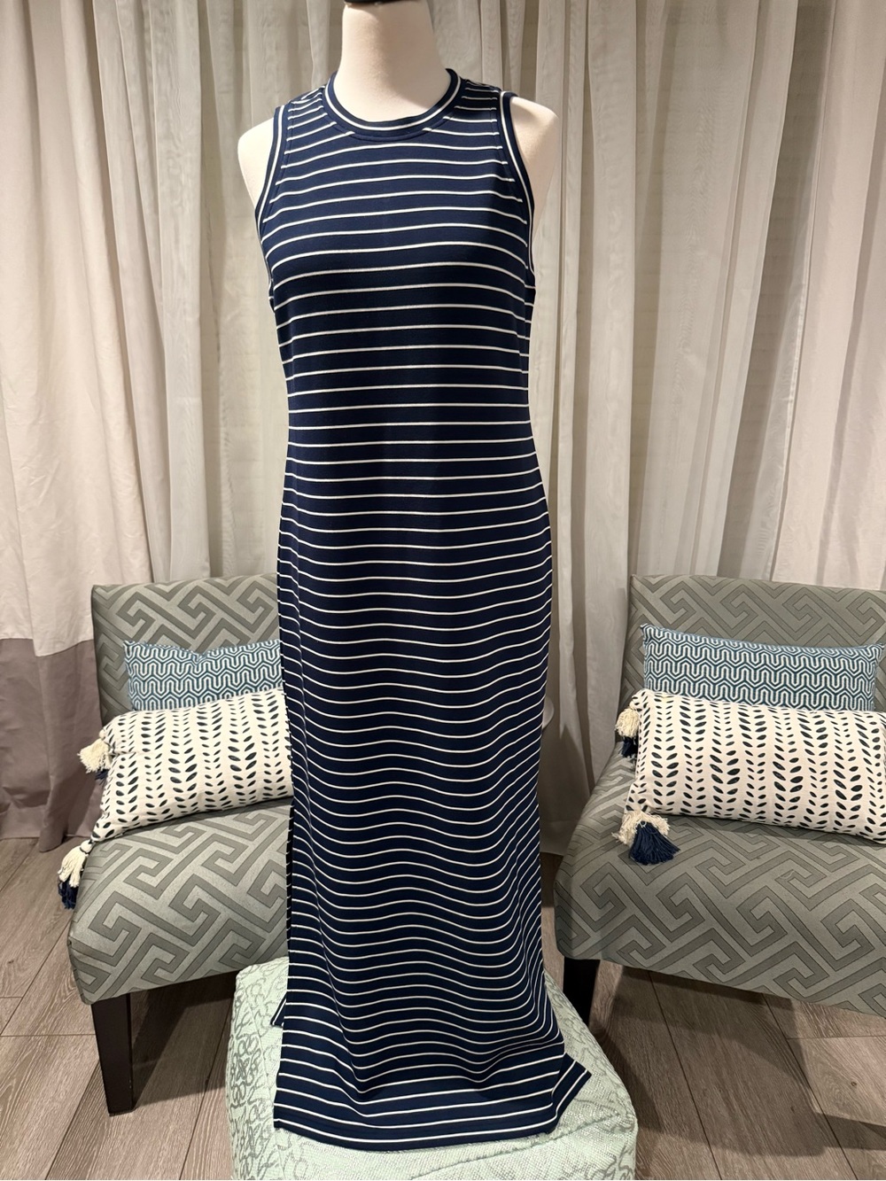 SPANX Navy & White Striped Sleeveless Maxi Dress
